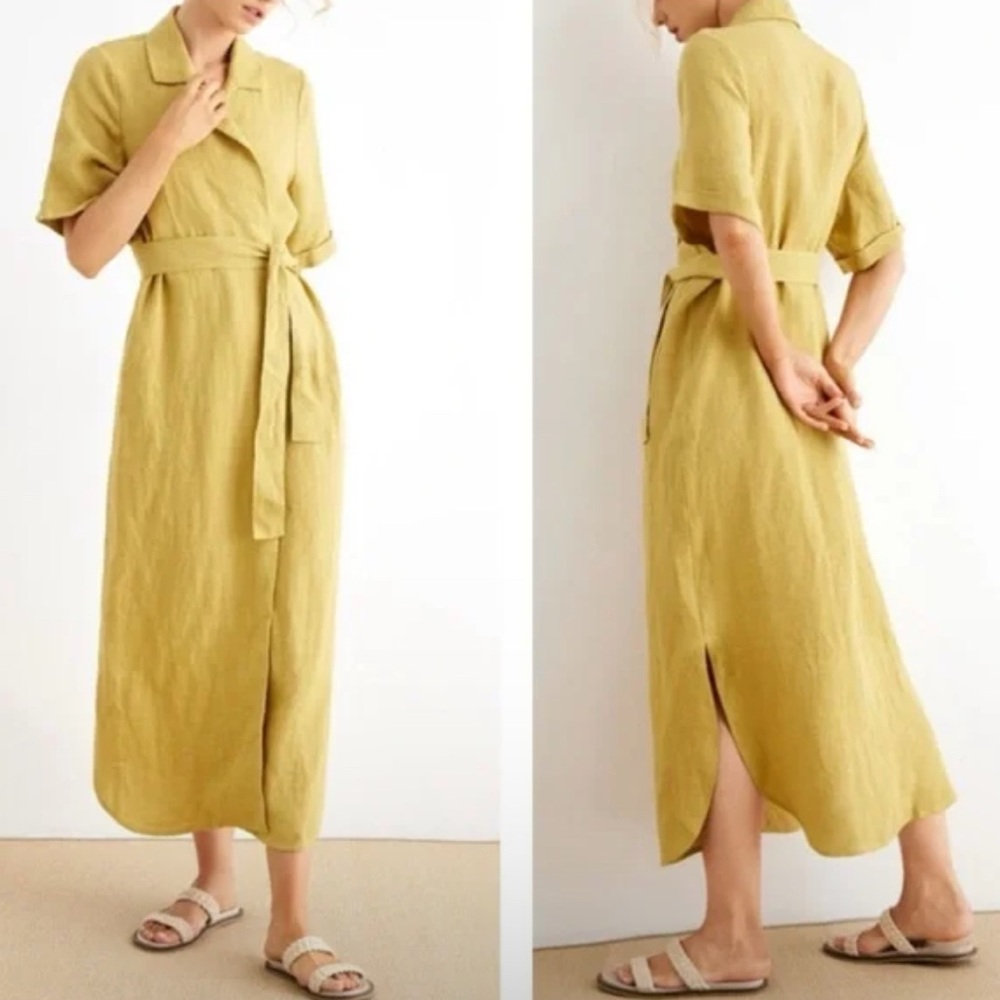 NWT Grae Cove Gwyneth 100% Linen Mustard Yellow Collared Wrap Midi Dress Size L